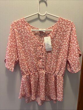 Sienna Sky Pink Floral Peplum Top with Button Front